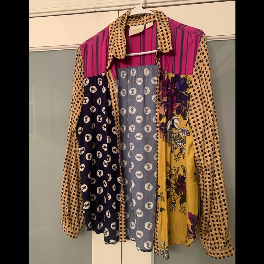 Multi color tile mosaic style button down top (Maeve)